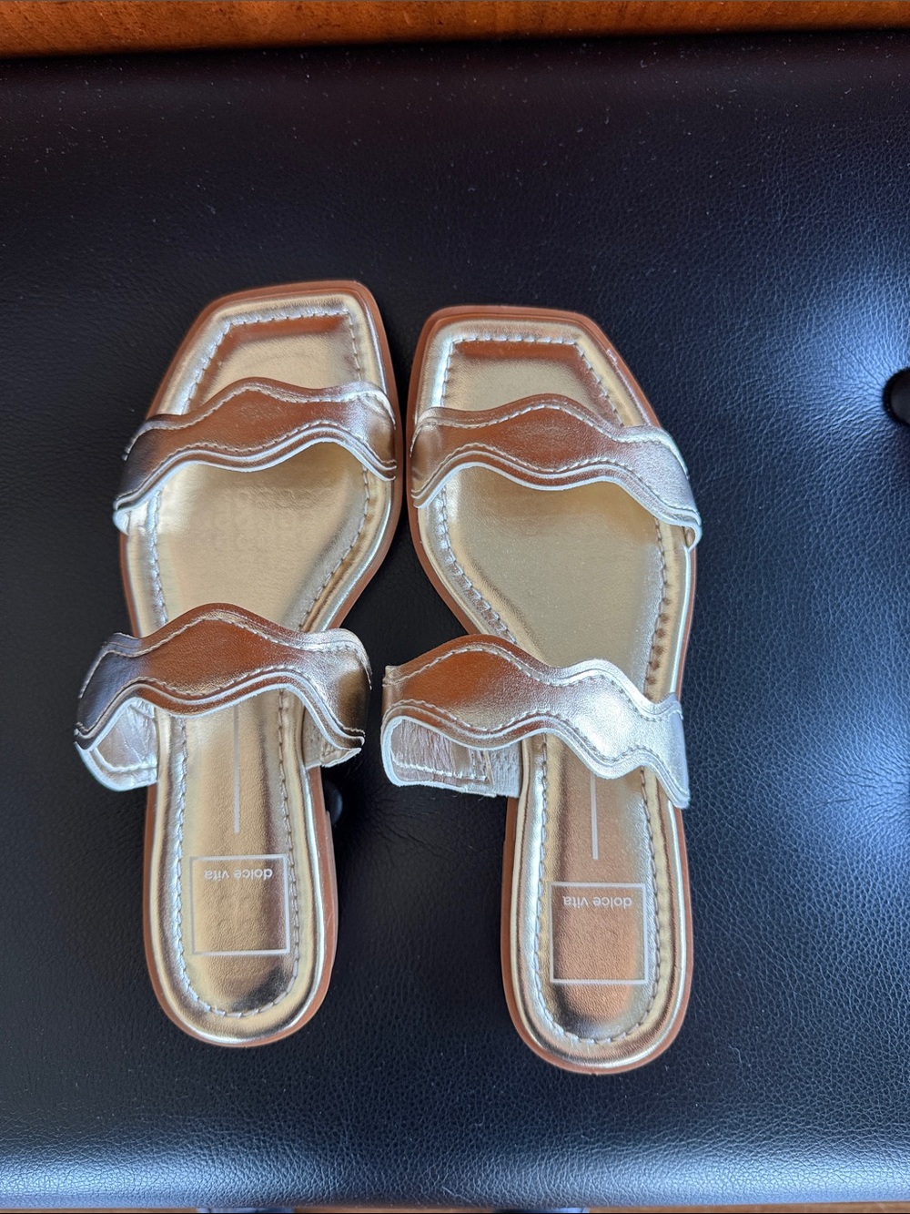 Dolce Vita Champagne Metallic Wavy-strap Slide Mules